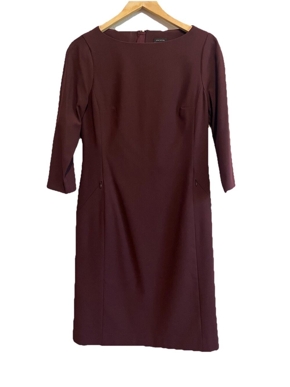 Ann Taylor Sheath Dress Women 0 Burgundy 3/4 Sleeve Career Office Pockets
